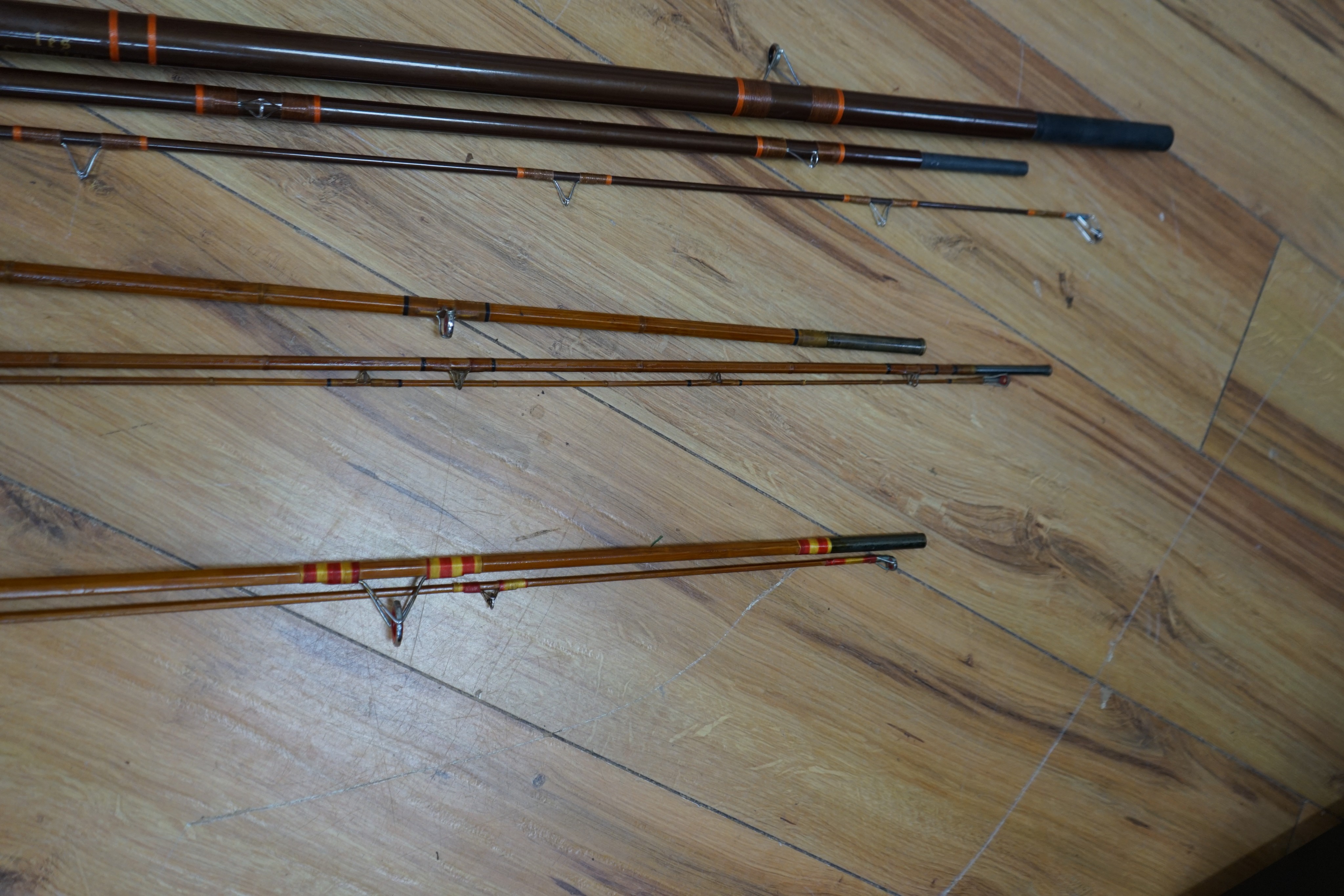 A collection of mixed split cane fishing rods, Les Compton, Elasticane, Carton-James and another (4)